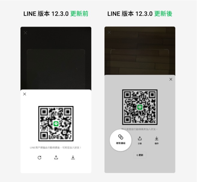 从LINE 主页选择右上角第二个「加入好友」图示 ，可点选「行动条码」或 「显示行动条码」，LINE版本12.3.0更新后，显示行动条码的页面中也可选择「复制连结」、「分享」或「储存」。(图/截自LINE台湾官方BLOG)