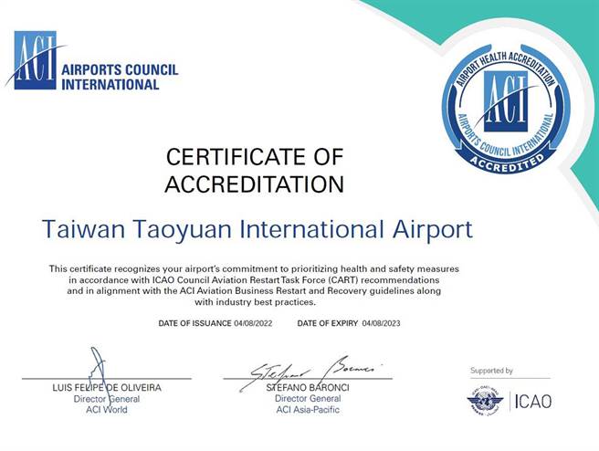 防疫获国际机场协会肯定，桃园机场再获AHA全球机场健康认证。（桃机公司提供）