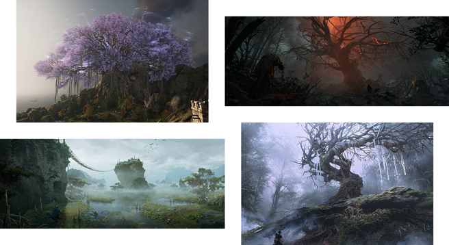 (从左上方起顺时钟方向)《Throne and Liberty》缕岛树(Wisp Island tree)、《Project E》神木概念原图、《Project E》神木概念原图、《Throne and Liberty》河边湿地