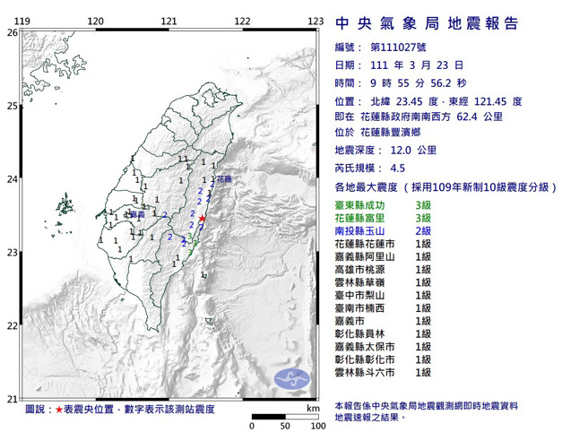 花蓮豐濱規模4.5地震，台東震度3級。(氣象局提供)