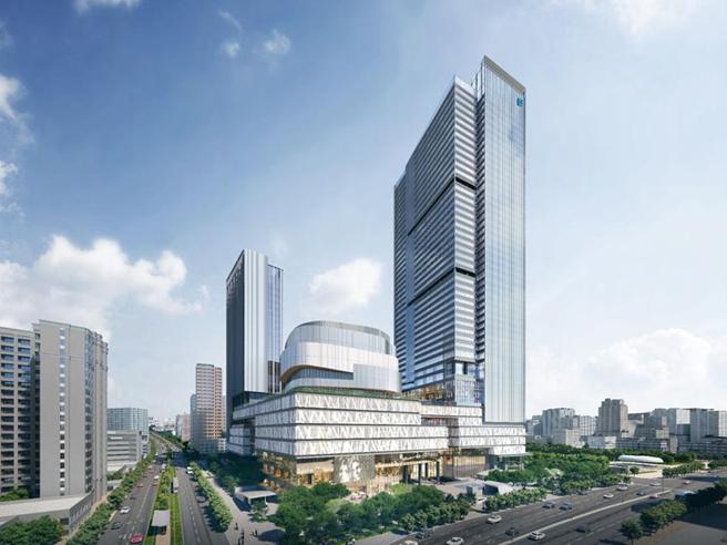 （位于高雄农16特区的龙华国小旧址地上权案，得标的富邦人寿将投资375亿元兴建旅馆、商办、和商场的模拟图。图／高雄财政局提供）