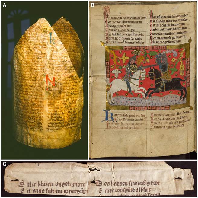 中古欧洲文化作品遗留至今的诸多方式中的三种：(A)主教的皇冠；(B)手抄本；(C)手装本的边缘遗留。（科技部提供／林志成台北传真）