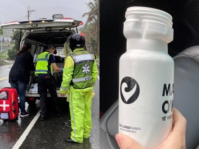 台东1名母亲控诉，她的孩子20日参加当地二铁比赛，在骑自行车时，前方选手竟随意将水壶往后丢，造成她的孩子闪避不急严重自摔。（翻摄自脸书「爆怨公社」）