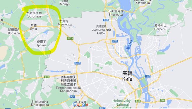 戈斯托梅利、布查、伊尔平，与基辅的相对位置。(图/google map)