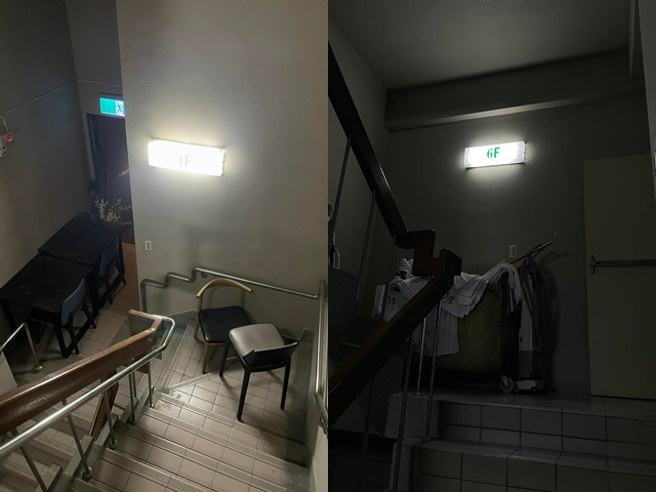 1名网友前天（23）入住嘉义某饭店，当晚即发生地震，电梯无法使用，他却发现逃生楼梯间竟堆满各式杂物，包括桌椅、推车等，根本没办法顺畅通行。（翻摄自脸书「爆料公社二社」）
