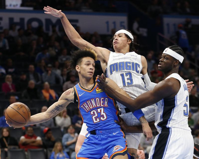 雷霆Tre Mann(左)伺机传球。（美联社）