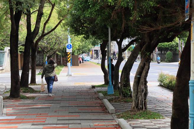 「板橋文化路、北門街、西門街人行時空廊道改造工程」在人行道磚面採用漸變比例的灰色及紅色，以跳色方式做鋪排。（新北市工務局提供）