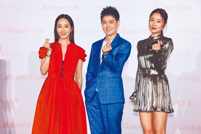 林心如（右起）、林志颖与侯佩岑昨联袂出席代言记者会。（罗永铭摄）