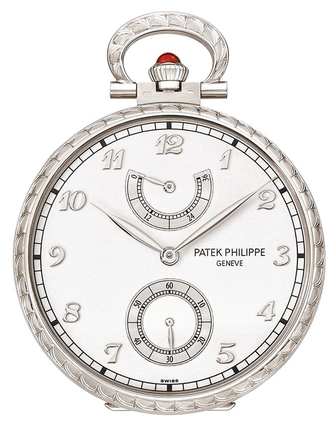 百达翡丽台中时美斋形象店展出一款编号982/181G的Lateen Sails「大三角帆」怀表。（Patek Philippe提供）