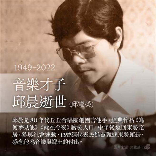 〈就在今夜〉邱晨病逝  民進黨感謝為音樂與鄉土付出。摘自民進黨臉書