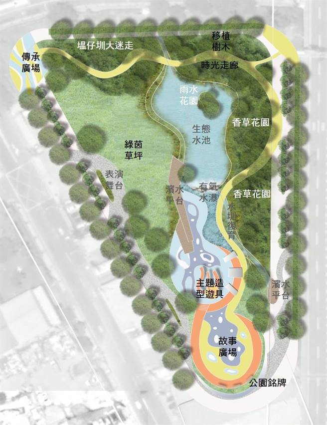 公四公園具有傳承塭仔圳在地文化功能。圖為公四公園規畫願景圖。（新北市地政局提供）
