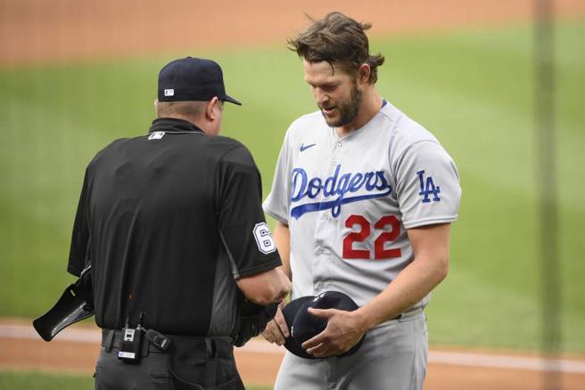 主审检查道奇投手柯萧的装备。（美联社资料照）