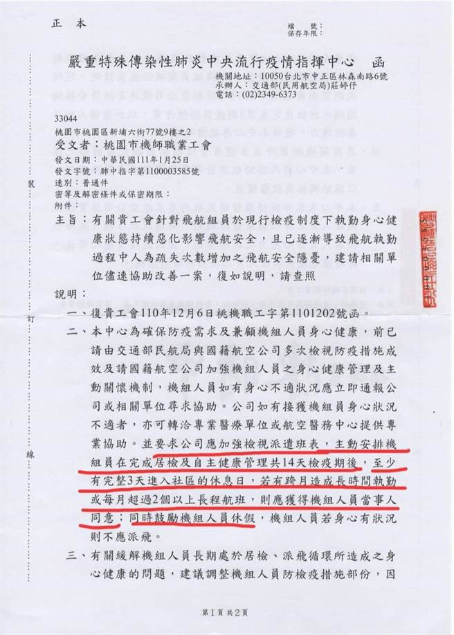 民航局曾指示航空公司，若有跨月造成长时间执勤或每月超过2个以上长程航班，应获得机组人员当事人同意，机师工会今批评航空公司未遵守规定排班。（机师工会提供／陈佑诚传真）
