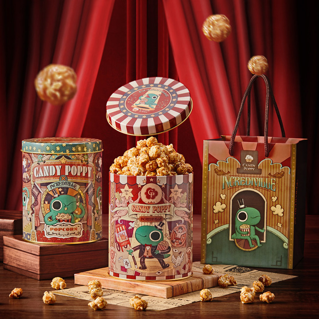 CANDY POPPY菓糖爆米花和图文插画家「怪奇事物所」合作，推出「酱爆香菜」、「三星香葱」两款全新爆米花口味。（图／品牌提供）