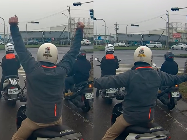 1名身穿台积电风衣外套的男子被目击骑机车等红灯时，伸完懒腰后竟当场「跳起舞来」，先是机械舞又是电流舞，精彩舞姿全被拍下。（翻摄自YouTube）