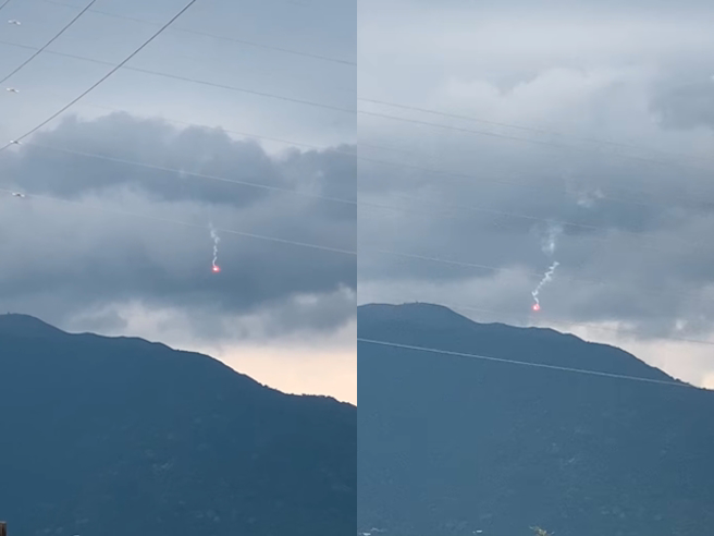 有网友今日（26）下午3点在关渡平原靠近山区的上空发现发光物体从天下坠落，尾部还拖着烟雾，连续2次间隔不到5分钟，不少人看到后说是信号弹。（翻摄自脸书「爆系知识家」）