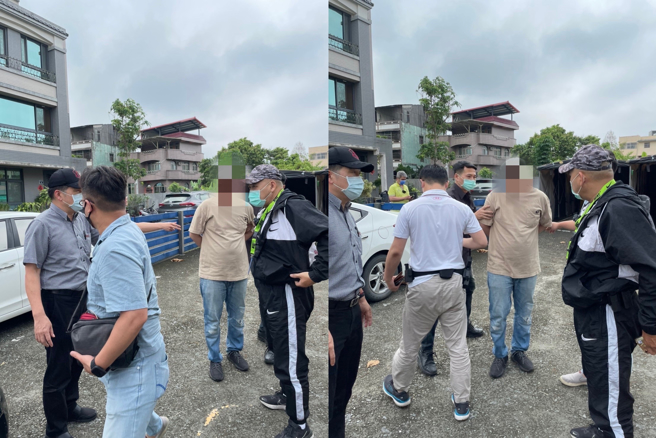 高雄三信银行桥头分行25日发生抢案，警方以车追人于27日在南投逮回嫌犯（咖啡色衣服者）。（民眾提供／林雅惠高雄传真）