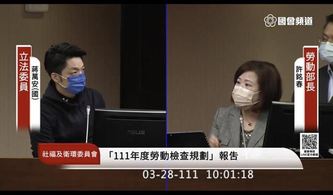 （立法委员蒋万安（左）28日质询劳动部有关营造业缺工问题。图／立法院直播系统）