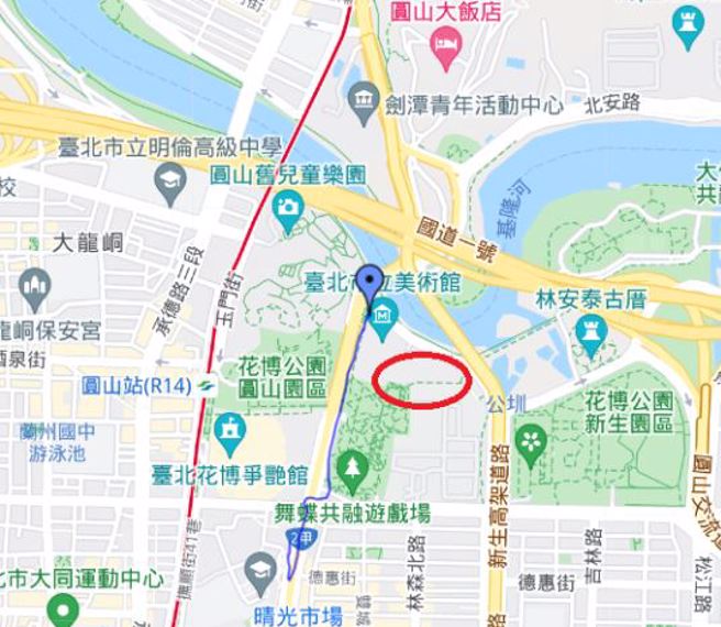 1945年10月「前进指挥部」的地理位址（圆圈标示），该指挥部于1945年10月25日于陈仪抵台后就撤消人员归长官公署办公。（图：Google map ）
