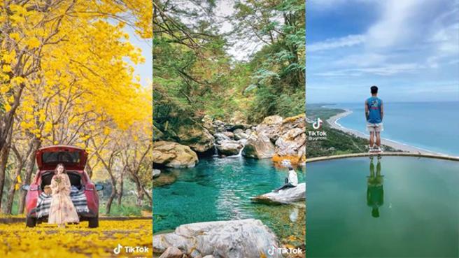 跟着 TikTok 达人踩点热门景点，金黄花海、最美山径、蔚蓝海岸！（由左至右为 TikTok 创作者阿乐 YGT @ygt1016_、Alex 艾尼 @alex_a.ni）（TikTok提供）