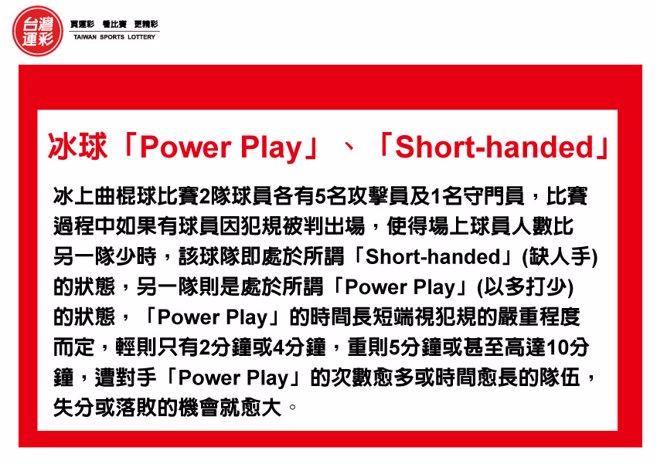 冰球「Power Play」、Short-handed」
In ice hockey, infractions of the rules lead to a play stoppage whereby the play is restarted at a faceoff. Some infractions result in a penalty on a player or team. In the simplest case, the offending player is sent to the penalty box and their team must play with one less player on the ice for a designated time. Minor penalties last for two minutes, major penalties last for five minutes, and a double minor penalty is two consecutive penalties of two minutes duration. A single minor penalty may be extended by two minutes for causing visible injury to the victimized player. This is usually when blood is drawn during high sticking. Players may be also assessed personal extended penalties or game expulsions for misconduct in addition to the penalty or penalties their team must serve. The team that has been given a penalty is said to be playing short-handed while the opposing team is on a power play(取自维基百科).