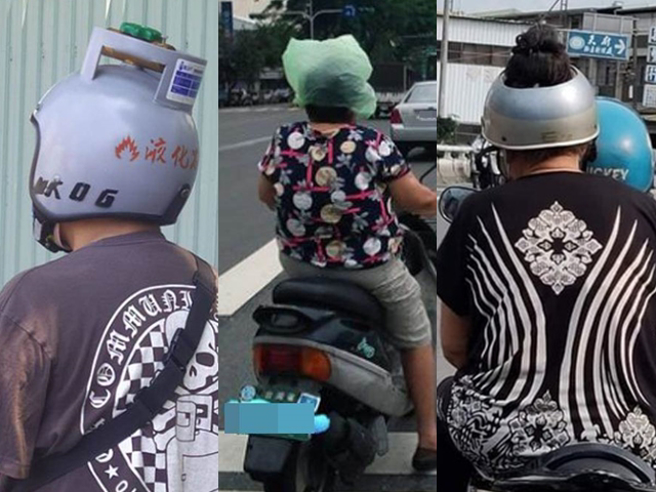 屏東潮州也有婦人戴著「挖空了一個洞」安全帽，讓盤好的髮髻能從洞口竄出，另外還有「瓦斯桶」、「電鍋」造型安全帽也相當吸睛。（翻攝自網路）