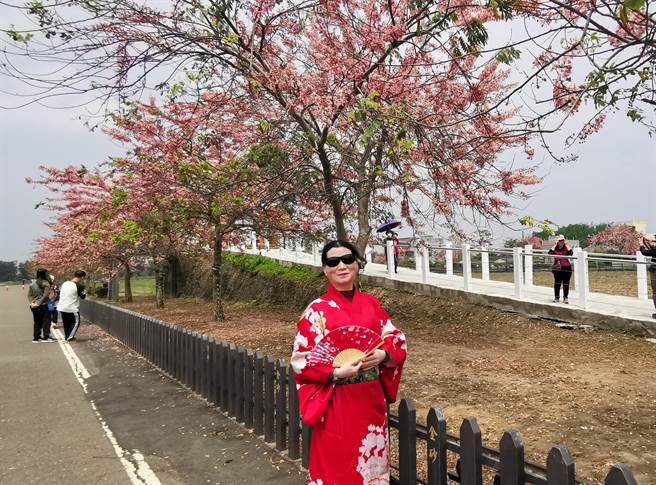游客穿和服与花树合影。（刘秀芬摄）