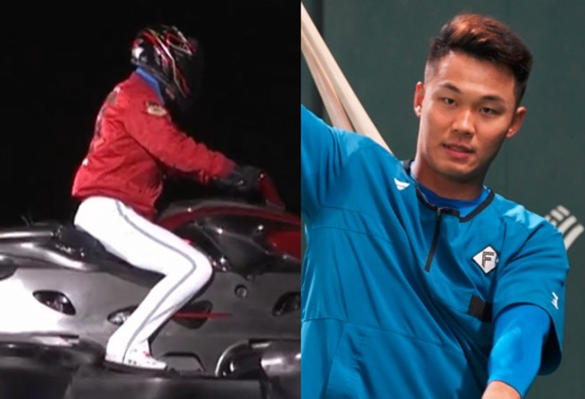 新庄刚志监督(左)骑飞天摩托车帅气登场，台湾旅日打者王柏融(右)也沾光。（图／取自火腿队推特）