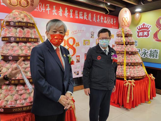 （義美歡慶88歲生日，總經理高志明(左)與桃園市長鄭文燦合影。圖／曾仁凱）