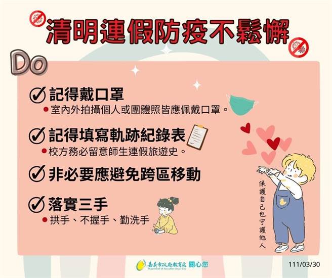 因应清明连假的移动潮，嘉义市教育处已要求各校明天发放活动轨迹记录表给学生，要求学生自主纪录连假足迹。（嘉义市教育处提供∕吕妍庭嘉义传真）