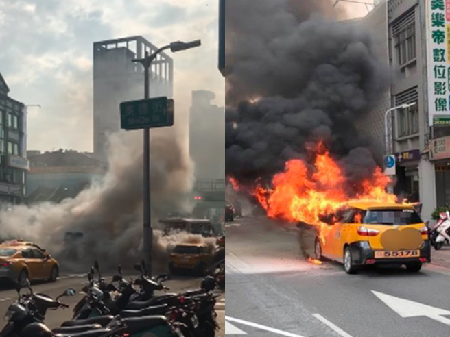 北市士林区中正路242号前今（30）下午3点发生1辆计程车自燃，64岁许姓驾驶开车开到一半闻到车身烧焦味，赶紧下车后就窜出火势。（翻摄自杨中化脸书、民眾提供）