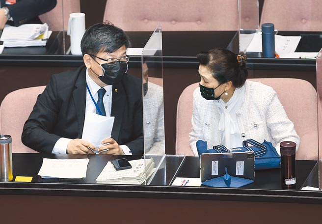 電價審議委員會在29日開會決定電價是否調漲，經濟部長王美花（右）與台電代理董事長曾文生（左）在立法院趁休息時交換意見。（姚志平攝）