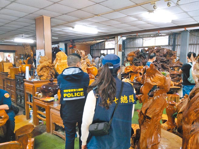 宜蘭檢警派員兵分8路同步搜索，查獲大型山老鼠集團，查扣珍貴林木藝品等上百件，約重11公噸，市價高達千萬元。（保七總隊第四大隊提供／吳佩蓉宜蘭傳真）