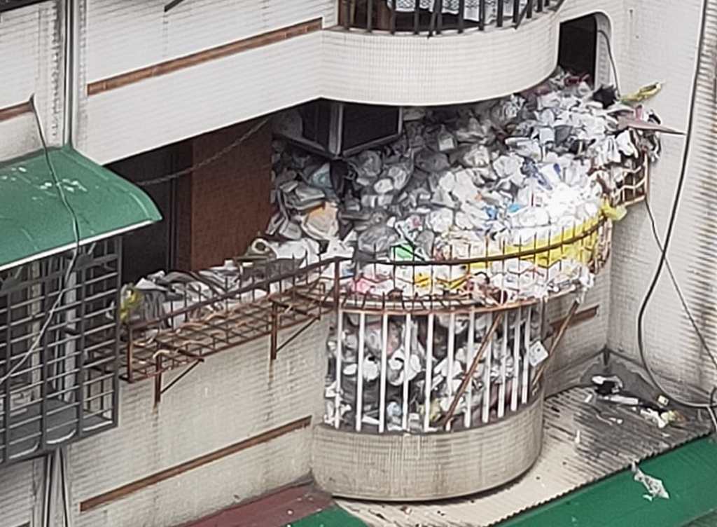 北市公寓陽台堆滿垃圾，畫面超驚人。（圖／翻攝自爆癈公社公開版）