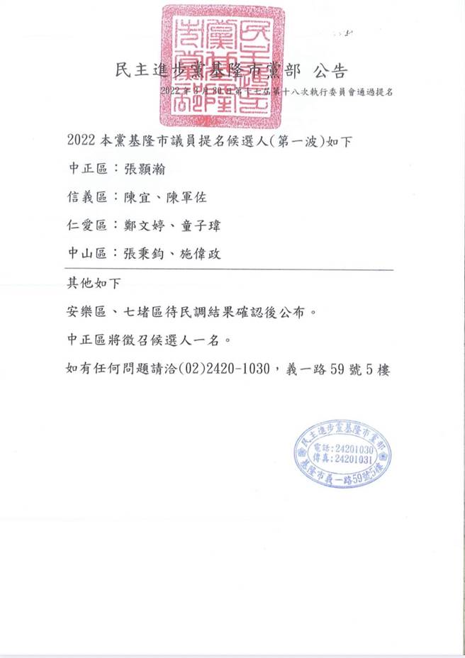 民進黨基隆市黨部議員提民公告。（民進黨基隆市黨部提供／陳敬哲基隆傳真）