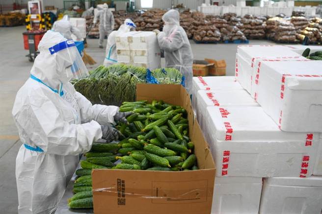吉林长春蔬菜中转仓库，工作人员清点菜品。（图／新华社）