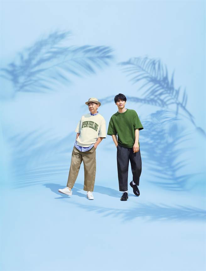 GU 「SWEAT T 短袖大學T系列」找來木梨憲武（左）與福士蒼汰（右）親自示範多套穿搭。（GU提供）