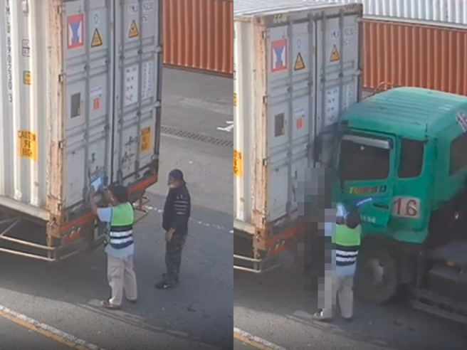 高雄港1月发生2辆货柜车「夹人致死」事件，当时前车驾驶站在车尾外头与他人说话，突遭后方货柜车撞上，当场被夹在2车中间后倒地失去意识，送医不治。（翻摄照片）
