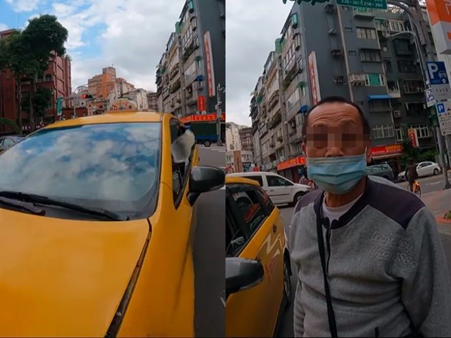 騎士等紅燈時遭到綠燈左轉的計程車撞上，對方駕駛下車後還直接說「我是要左轉耶」，騎士則怒嗆「但你沒有到你的車道，你直接幹到這邊」。（翻攝自YouTube頻道「WoWtchout - 地圖型行車影像分享平台」）