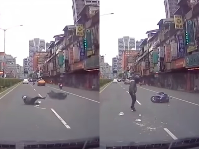 1名机车骑车日前行驶在新店北新路上过弯时，因过度压车造成自摔，他在自摔前一刻还「猛然站起」，似乎享用全身力气将车拉回来，最后仍摔车。（翻摄自脸书「记者爆料网」）