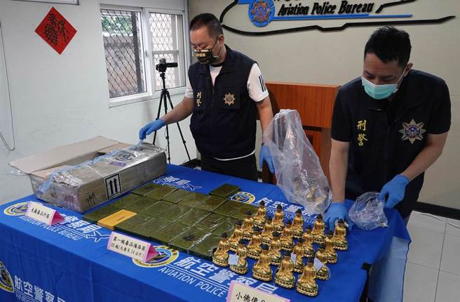 以高姓男子为首的不法集团，以航空包裹自缅甸仰光进口24尊佛像佛像，直接以22块双狮地球标高纯度海洛因砖当作夹层隔板企图闯关，遭航空警察局及关务署台北关缉毒干员识破，循线逮捕刘姓、范姓、林姓、邱姓、高姓等5名嫌犯。（中时资料库）