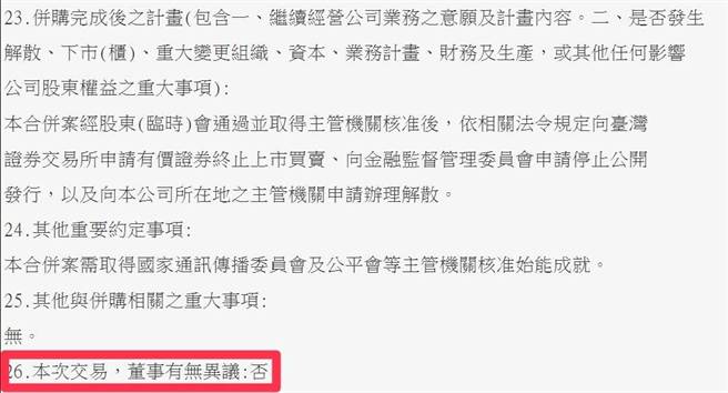 亚太电重讯载明併购案无任何董事有异议，与台铁说法不同。（翻摄重大讯息）