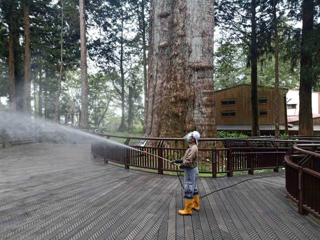 因有確診者足跡，阿里山森林遊樂區今全面清消。（嘉義縣政府提供∕呂妍庭嘉義傳真）