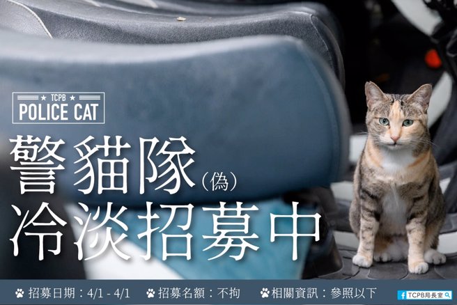 台中市警局长室在脸书官网公布成立警猫队讯息，洋洋洒洒的招募资讯，引发网友帮猫主子抢先应徵。（翻摄自脸书TCPB 局长室）