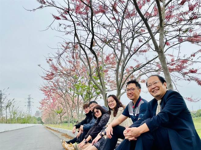 仁德滞洪池畔花旗木盛开，中华医大校长孙逸民（右）欢迎大家前来赏花。(曹婷婷摄)