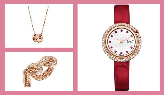 BVLGARI B.zero11 Mini 18K玫瑰金项炼(左上)、Cartier AGRAFE玫瑰金钻石戒指(左下)、PIAGET Possession系列珍珠母贝红宝石腕表(右图)均为新品上市，成为母亲节最细致典雅献礼。(图：微风提供)