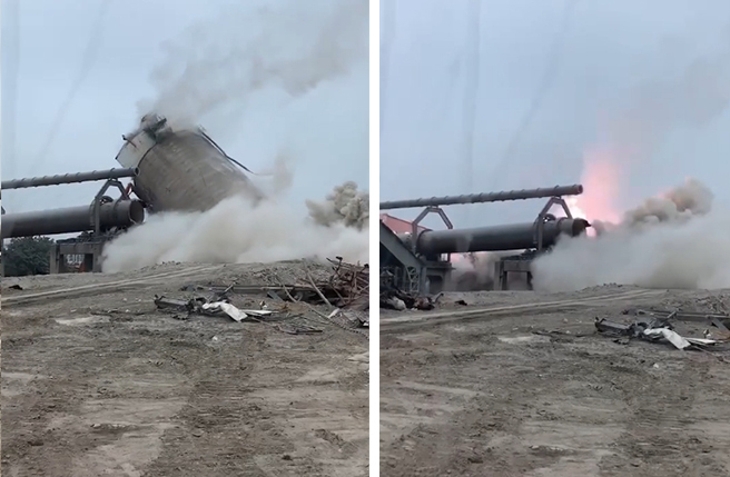 水泥塔倒塌，壓垮旁邊的吊車與高壓電塔，釀成本次高鐵大停電事故。(圖／影片截圖)