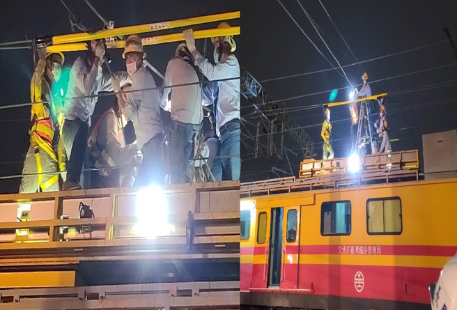 东南水泥工安意外造成台铁新左营到楠梓暂时停驶，目前台电人员正在积极抢修。(图／台电提供)