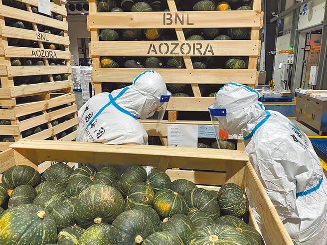 上海正採取輪流封控，以普篩與靜態管理，減少人流來全面壓制疫情。圖為一批進口南瓜在上海口岸接受檢疫查驗。（新華社）