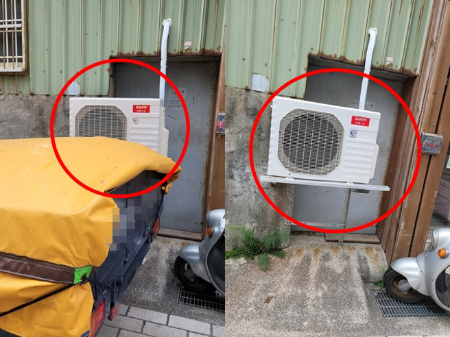 彰化1名網友日前將車停在路邊，遭到店家制止，店家稱車子會擋到小門、影響人員進出，但網友一看傻眼，因為該門外裝了店家的冷氣，冷氣已直接擋住出入。（翻攝自臉書「彰化大小事」）